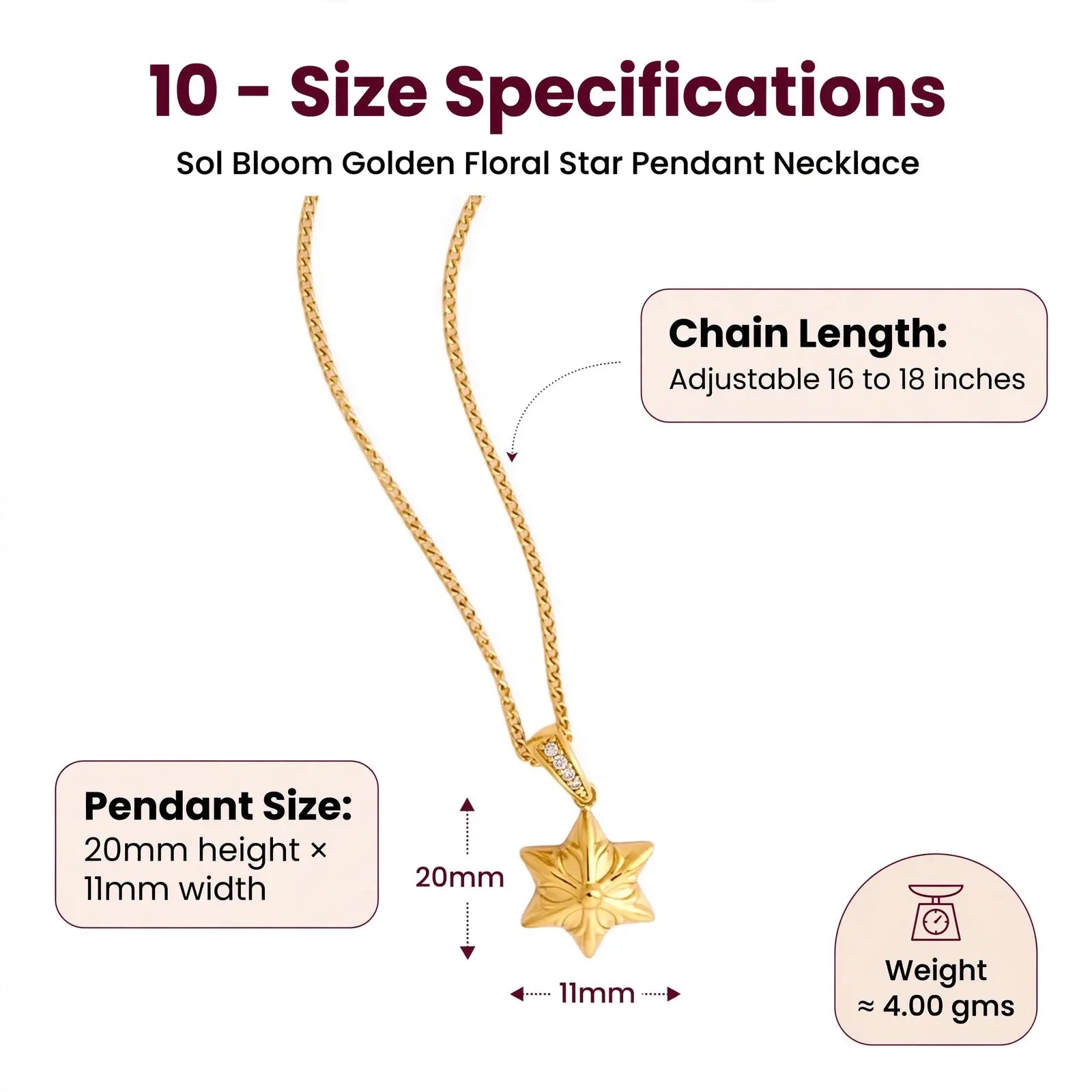 Size specifications diagram for the Sol Bloom Golden Floral Star Pendant Necklace, showing a gold necklace with a star-shaped pendant on a white background, with text detailing chain length, pendant size, and weight.