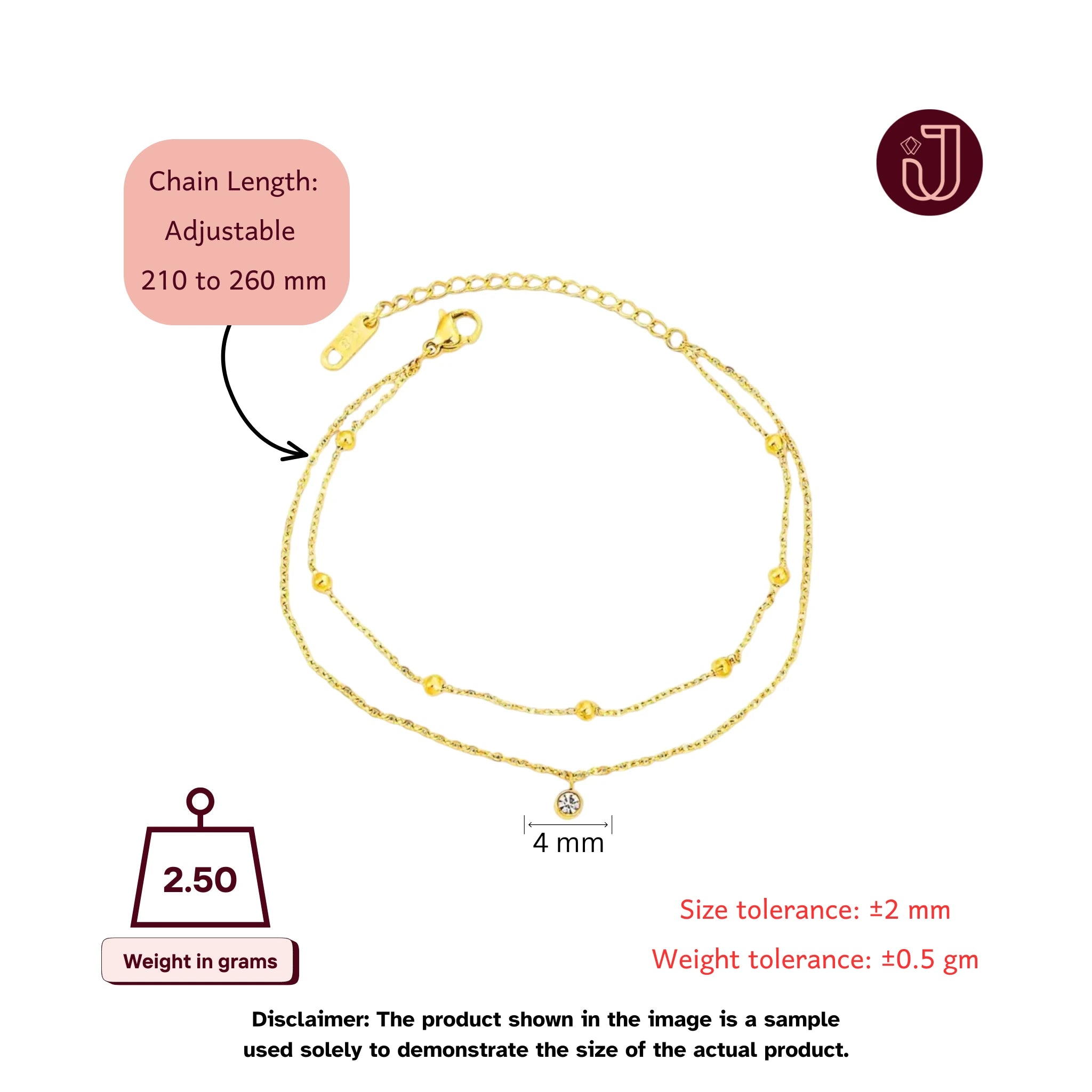 Anklet with dimensions and weight details.