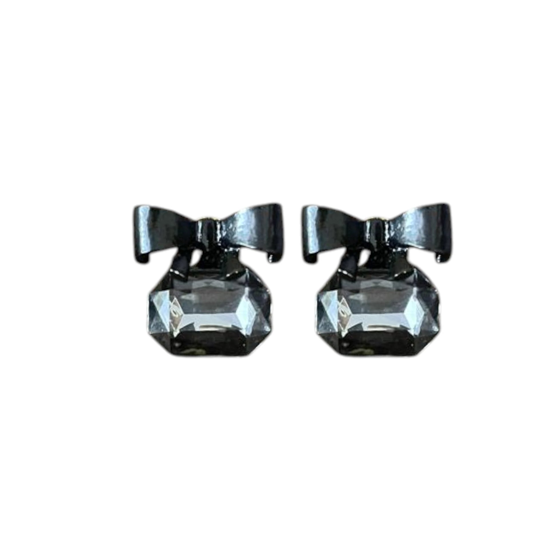 Black Bow Gemstone Stud Earrings displayed on a White Background.