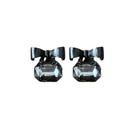 Black Bow Gemstone Stud Earrings displayed on a White Background.
