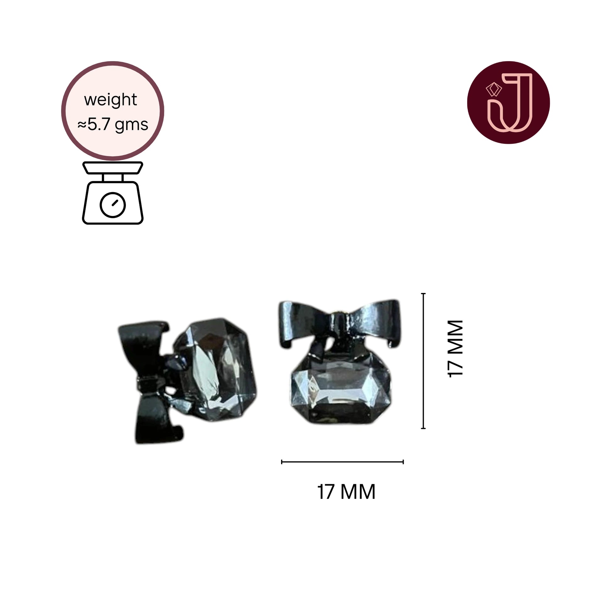 Black Bow Gemstone Stud Earrings with dimensions and weight details.