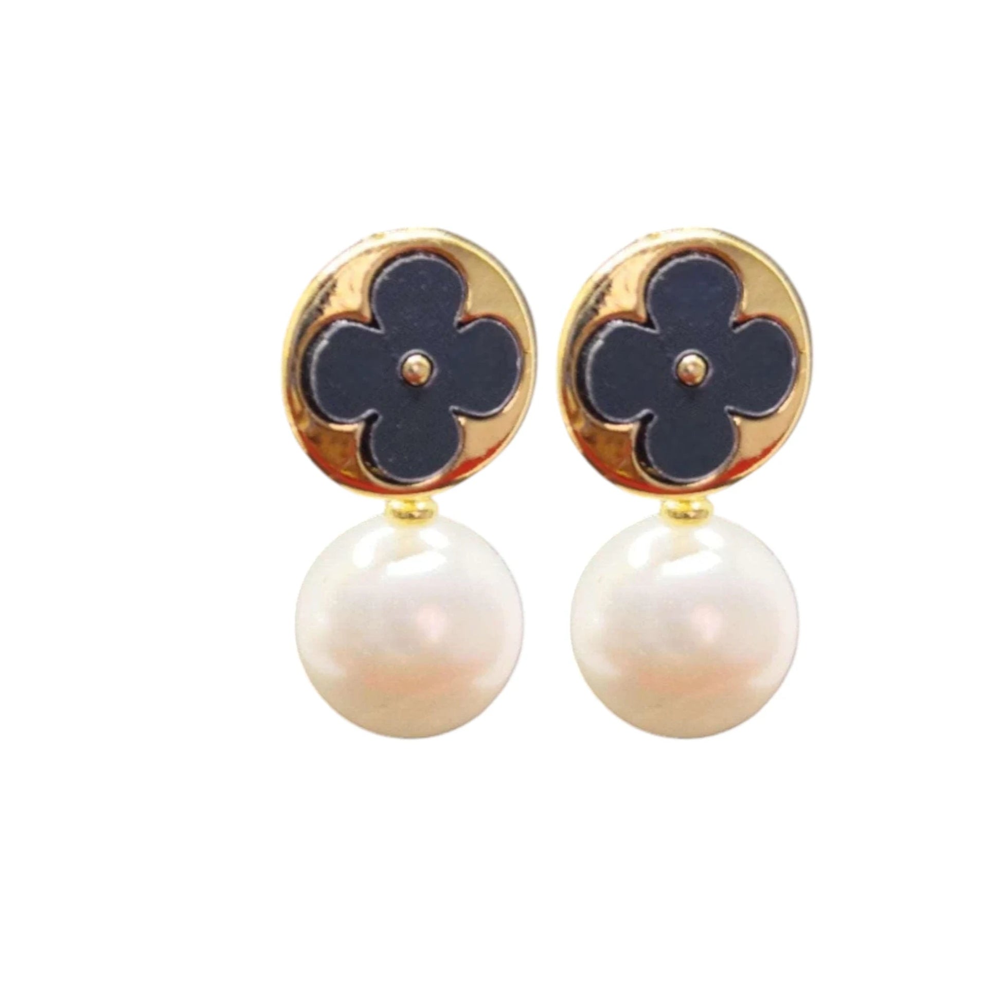 Black Clover Pearl Drop Earrings displayed on a White Background.