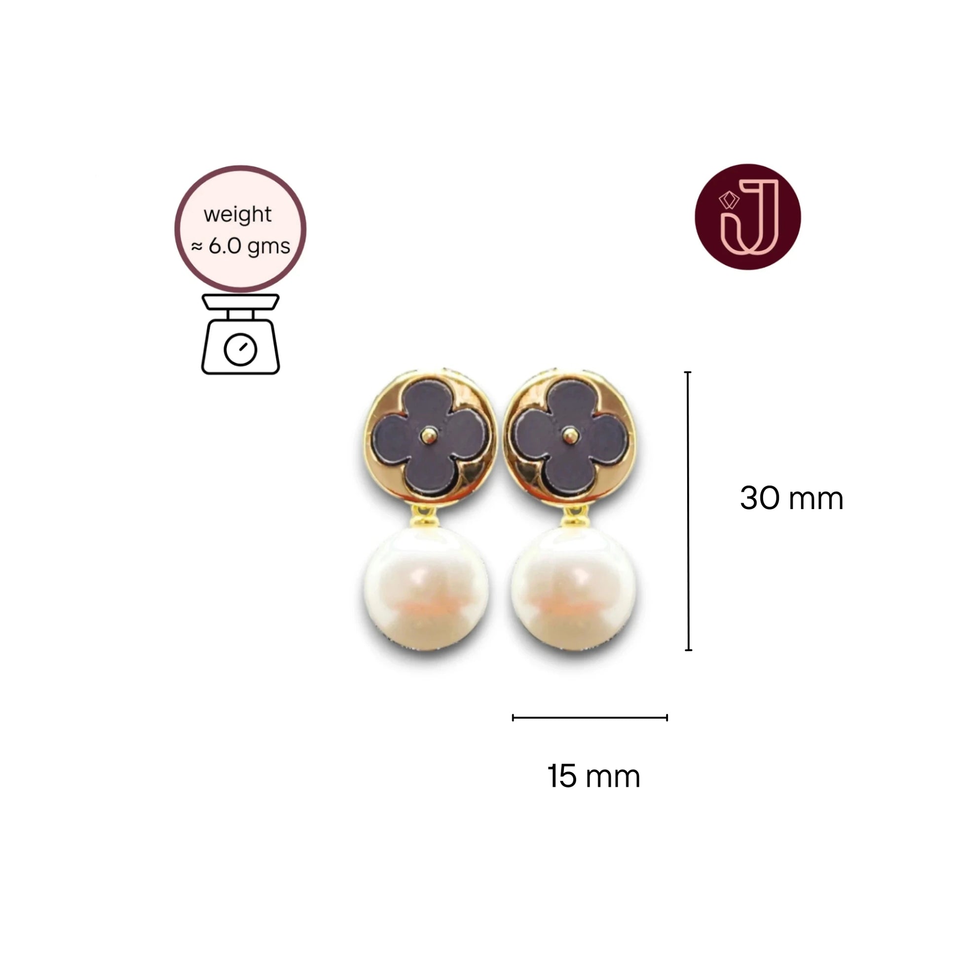 Black Clover Pearl Drop Earrings with dimensions and weight details.