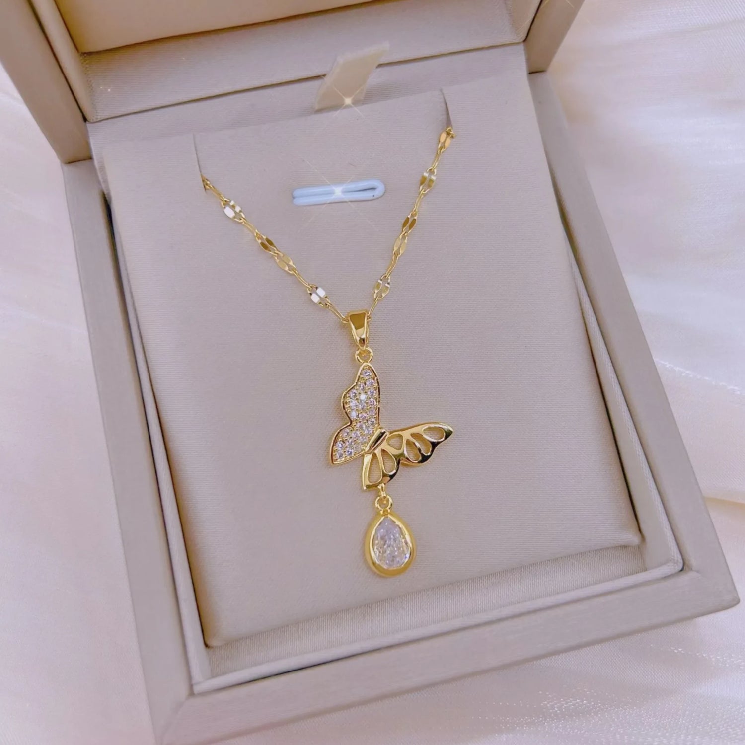 Crystal Butterfly Necklace with Cz Drop