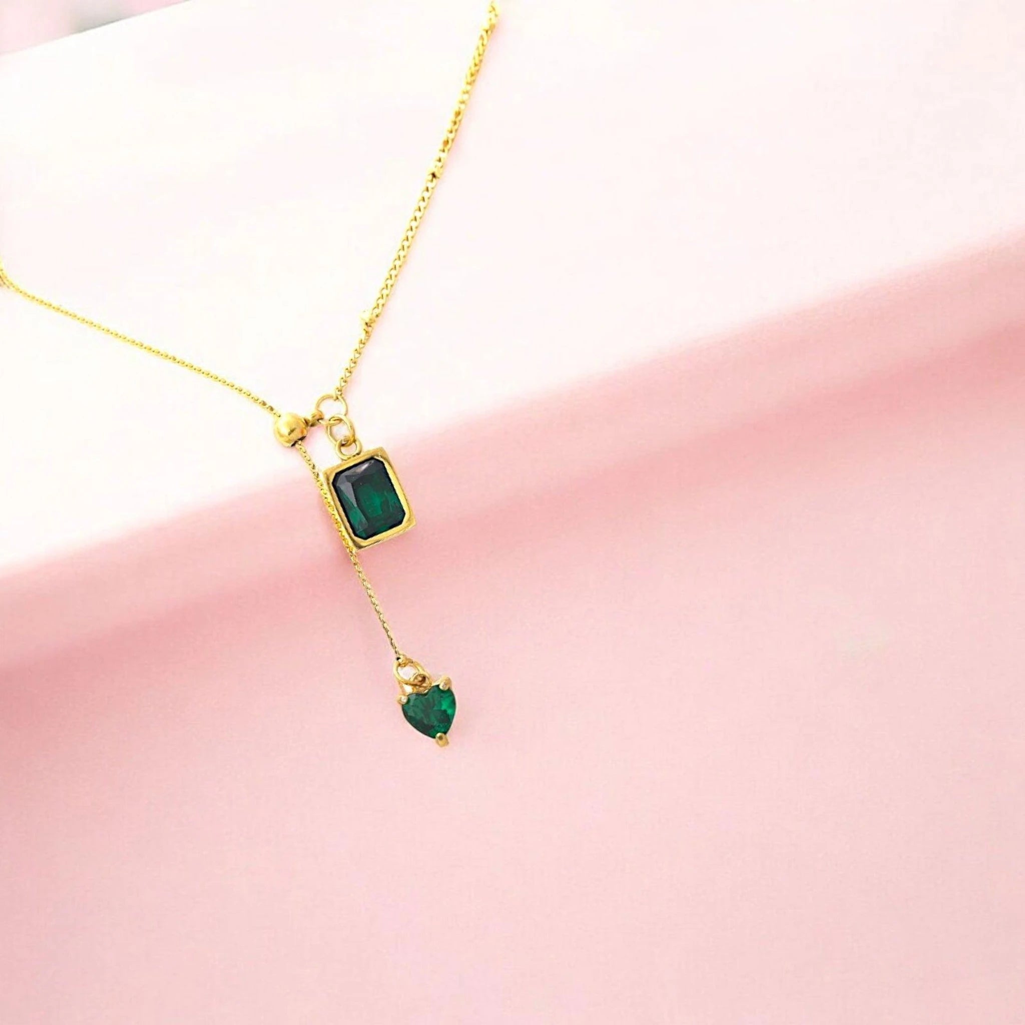 Emerald Stone Heart Drop Necklace