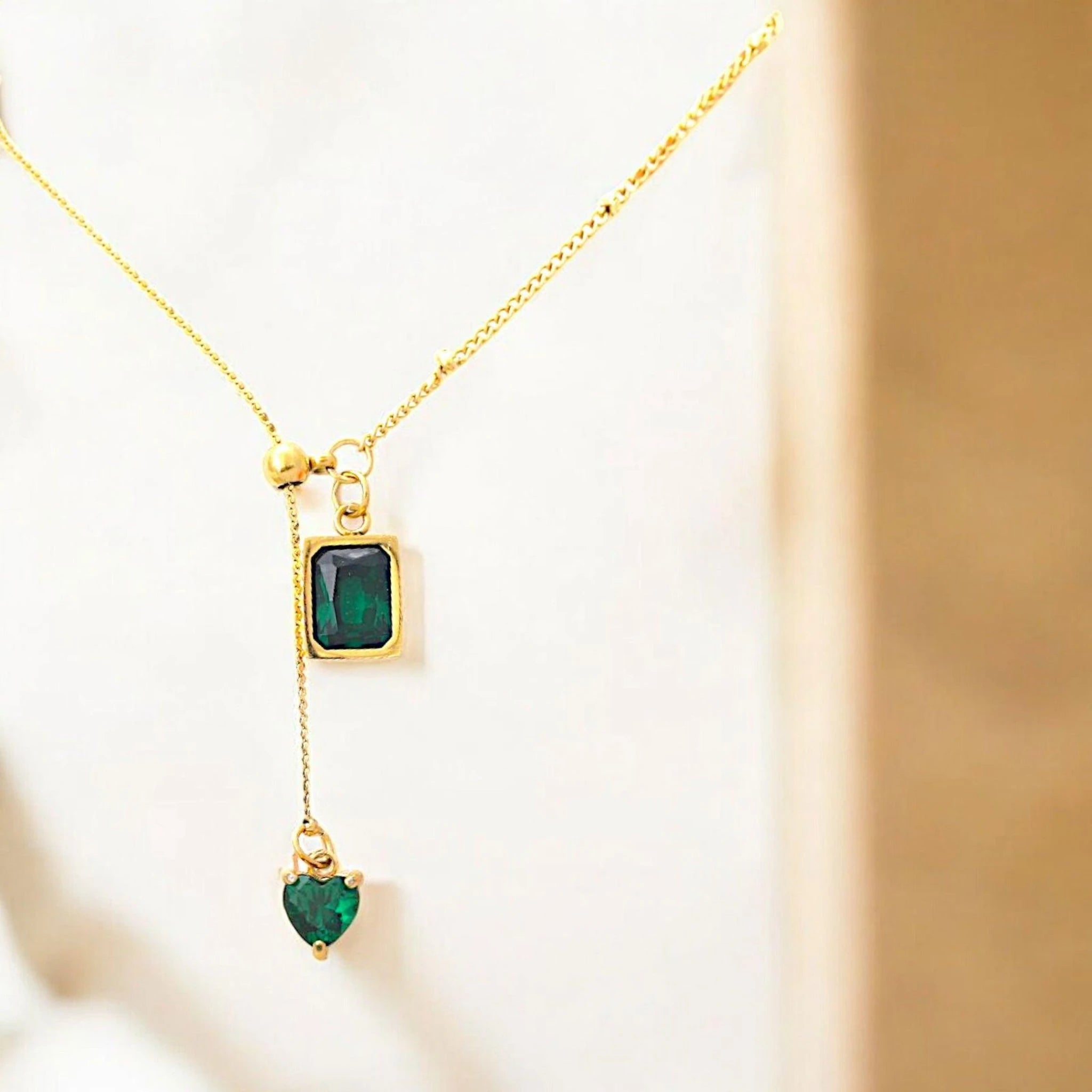 Emerald Stone Heart Drop Necklace