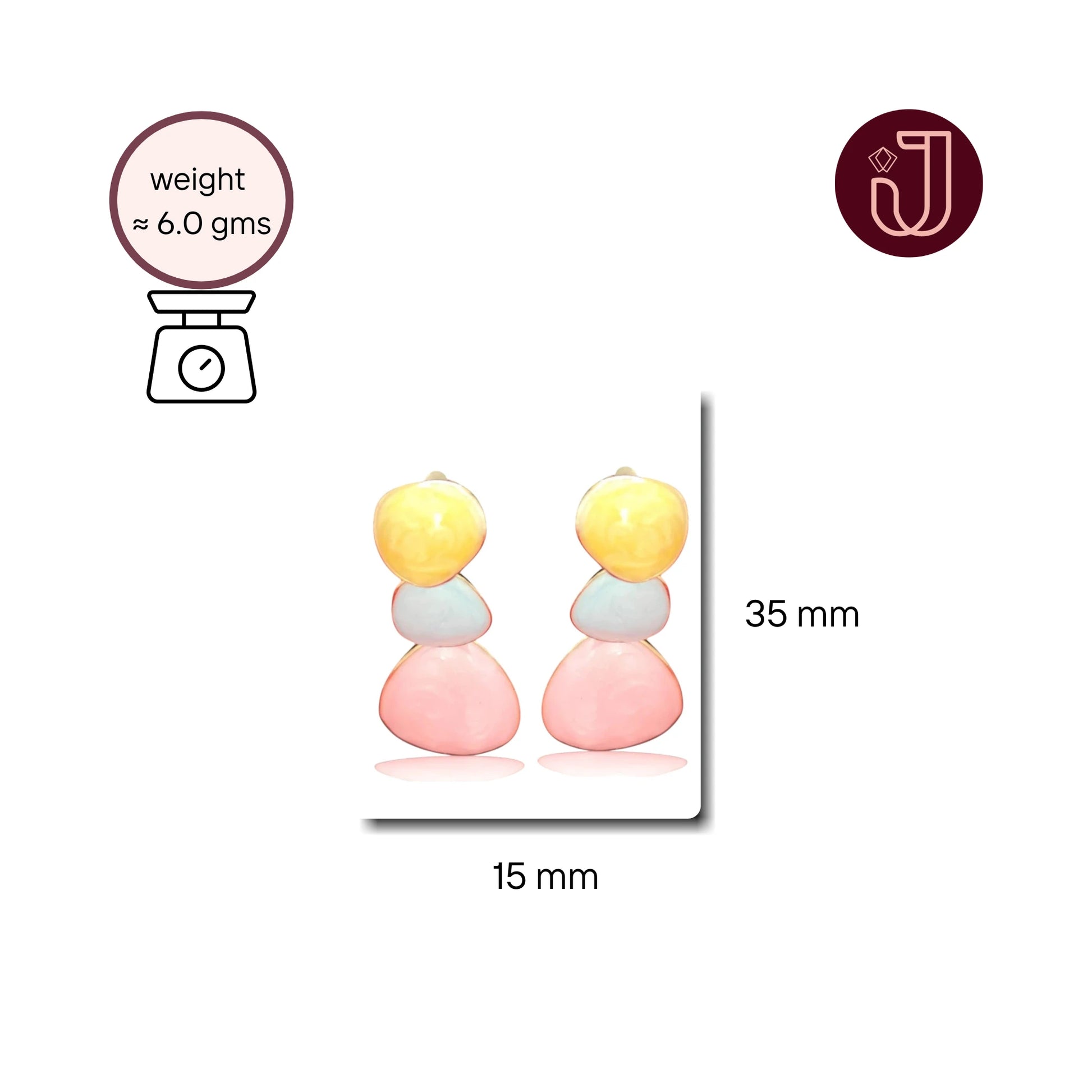 Enamel Dangle Earrings YGP with dimensions and weight details.