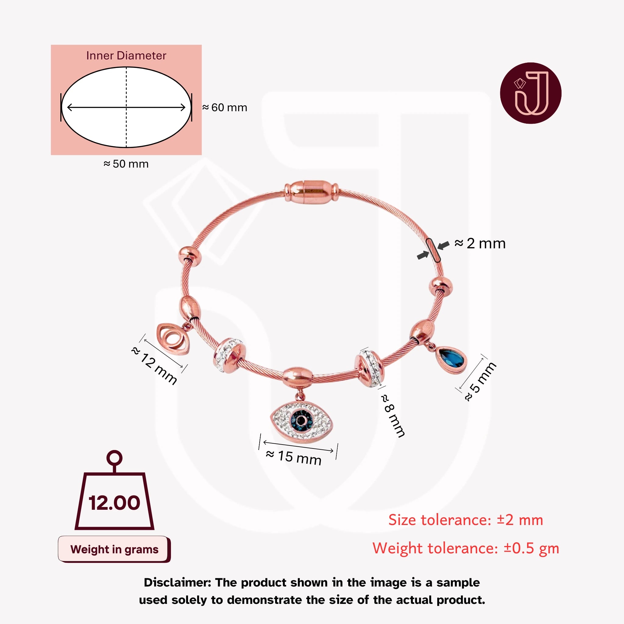 Bracelet with dimensions and weight details.