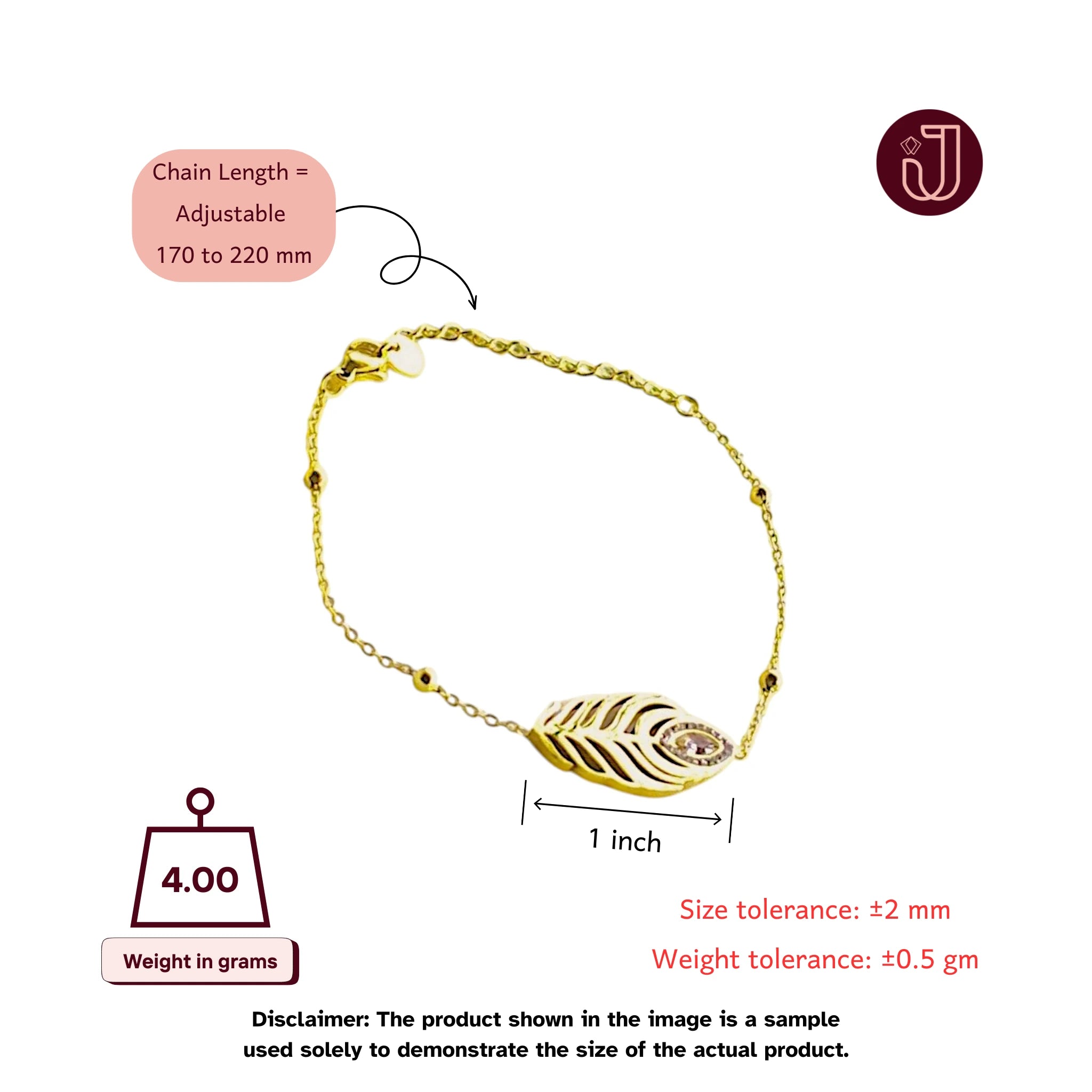 Bracelet with dimensions and weight details.