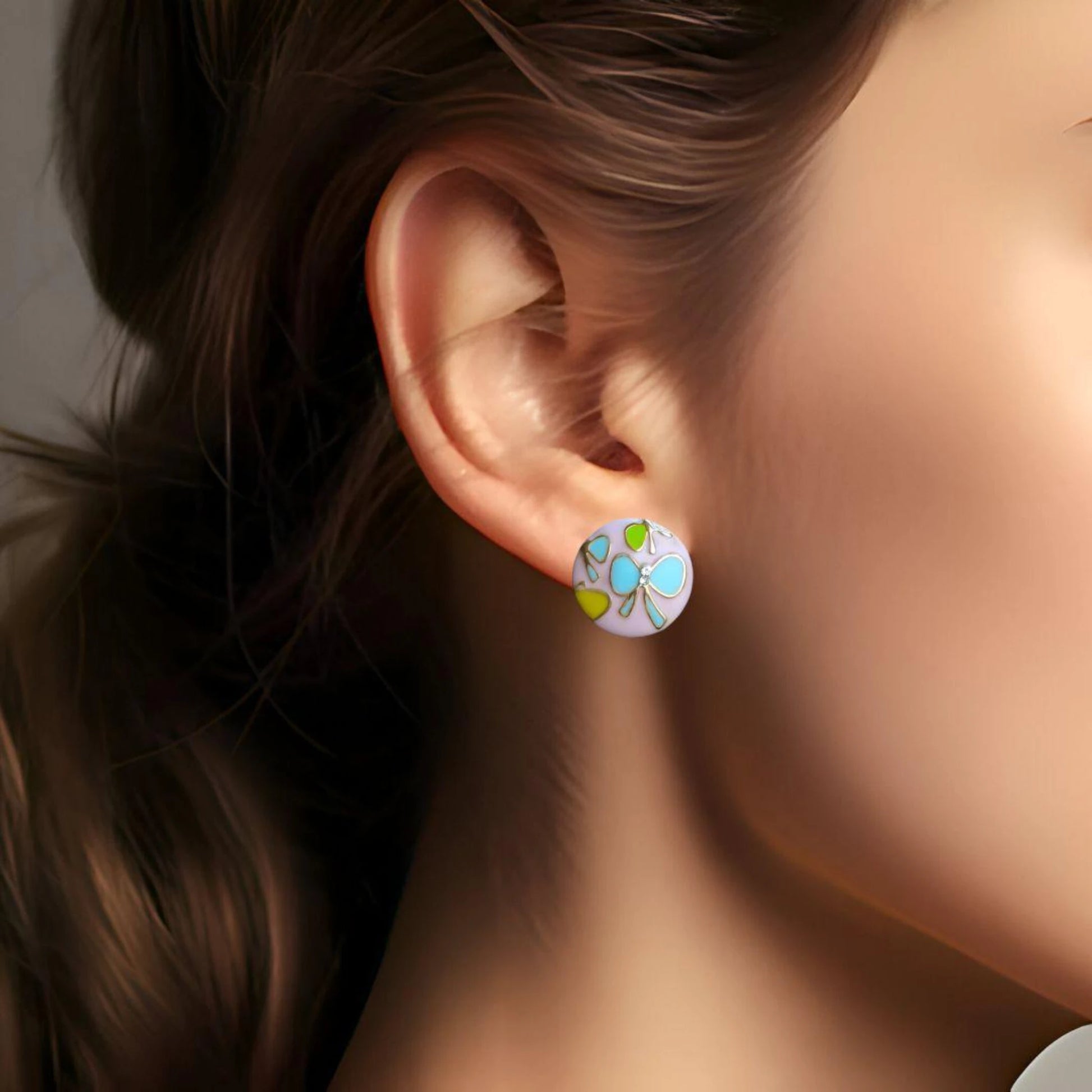 Floral Blue Butterfly Pink Studs  worn by a model.