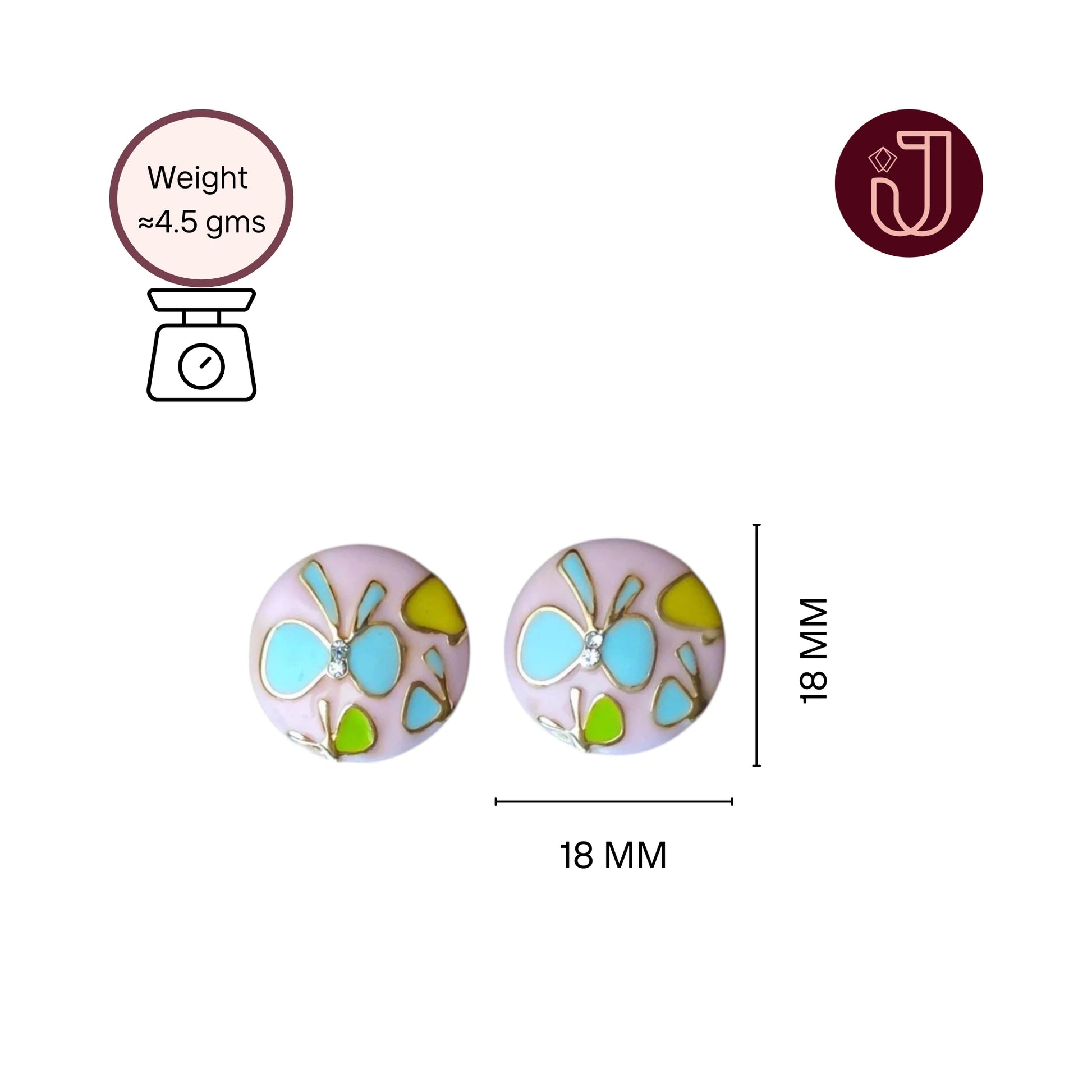 Floral Blue Butterfly Pink Studs  with dimensions and weight details.
