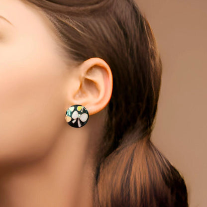 Floral Pink Butterfly Black Studs worn by a model.