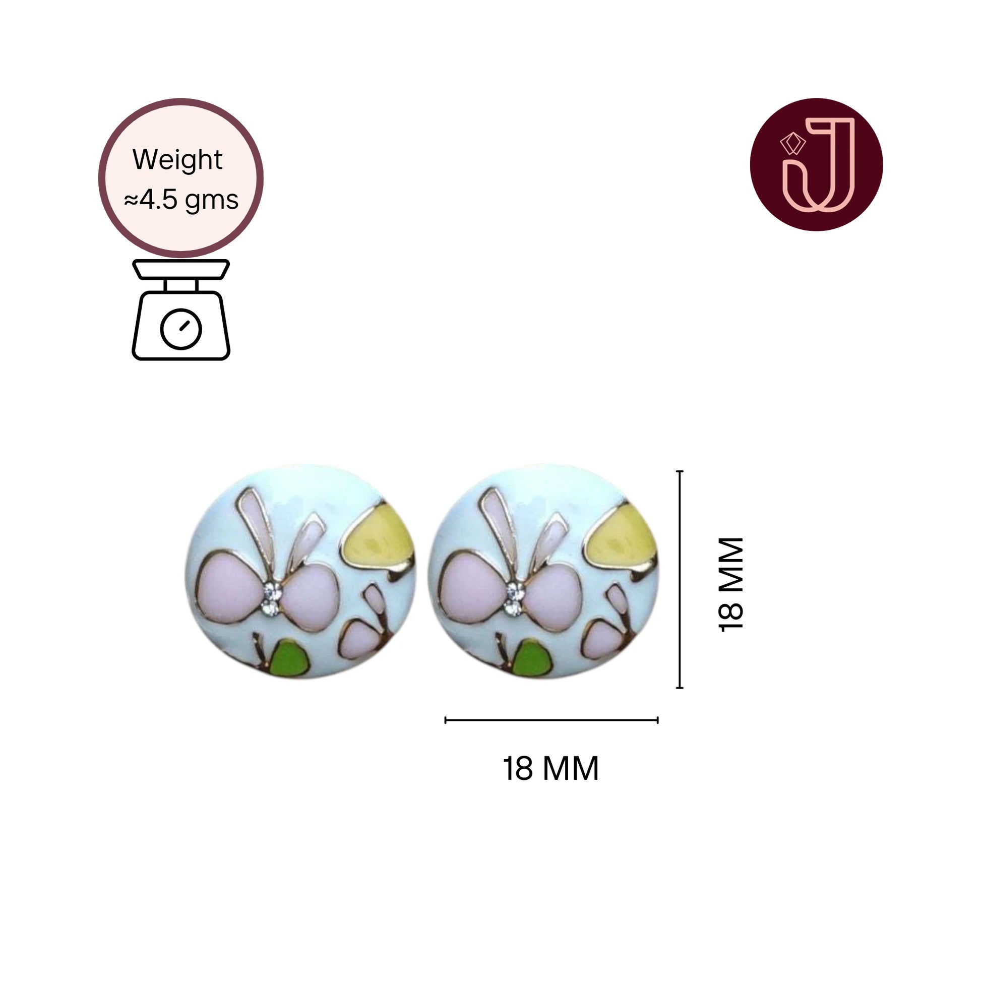 Floral Pink Butterfly White Studs with dimensions and weight details.