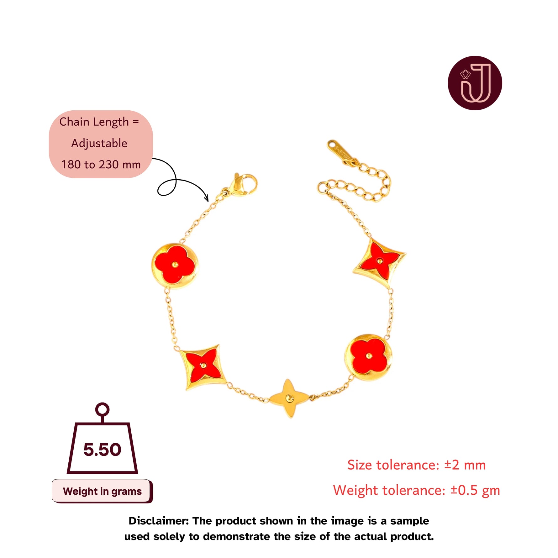 Bracelet with dimensions and weight details.