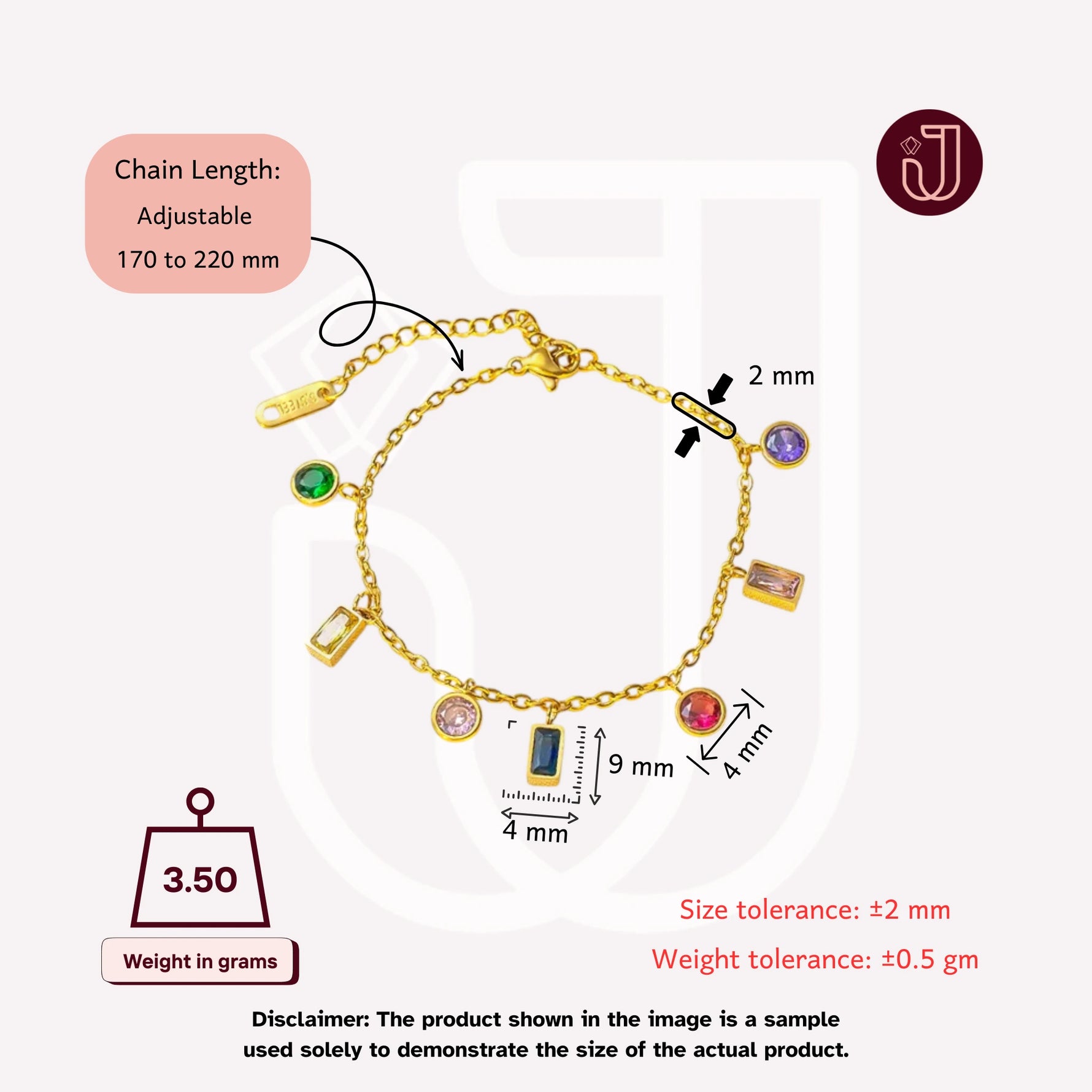 Bracelet with dimensions and weight details.