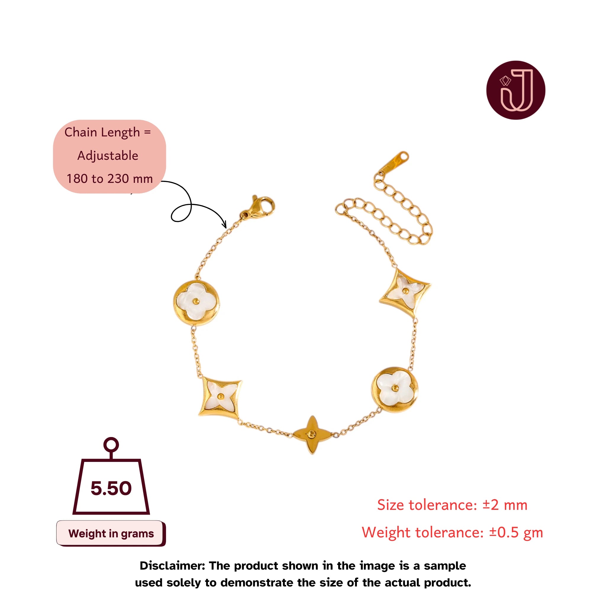 Bracelet with dimensions and weight details.