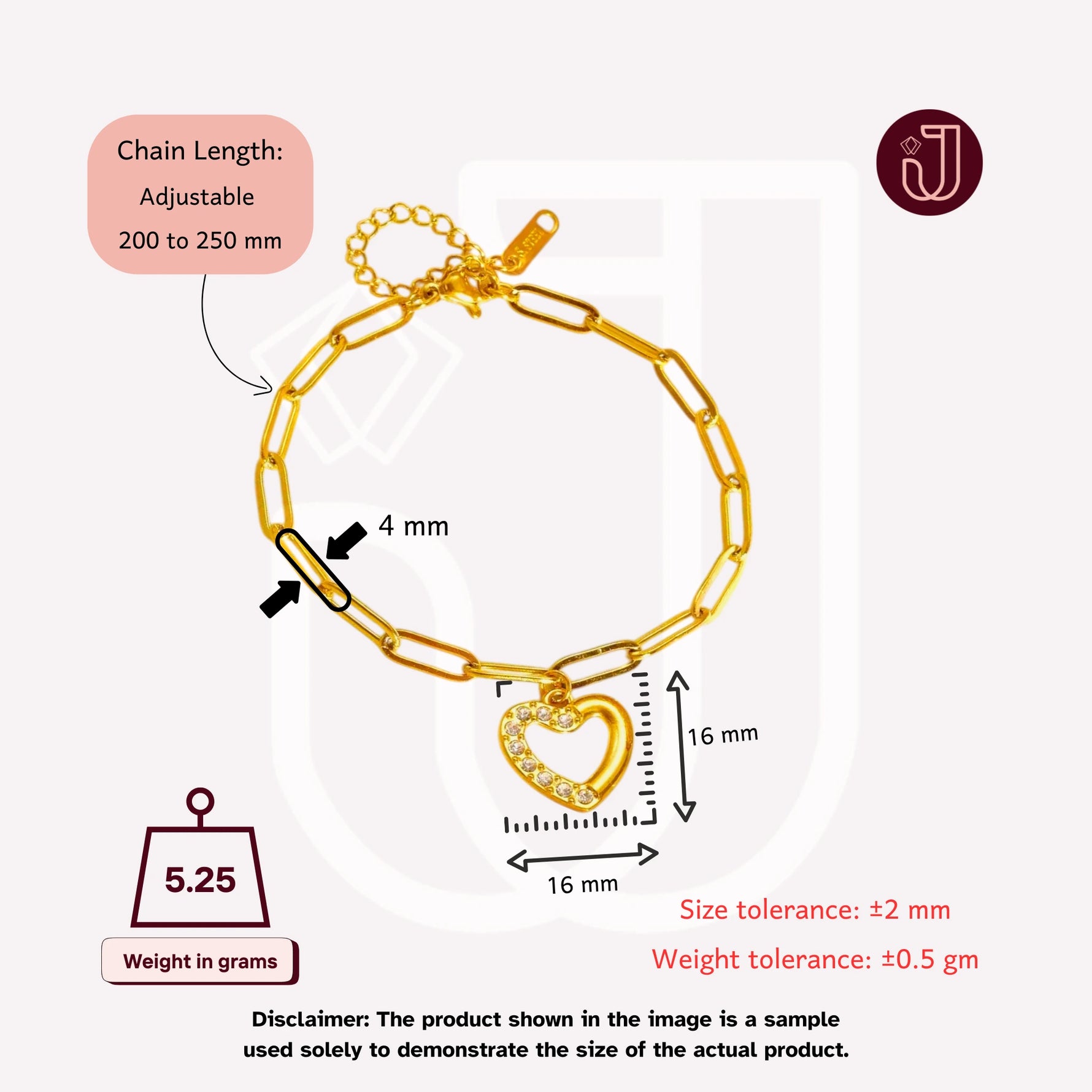 Bracelet with dimensions and weight details.
