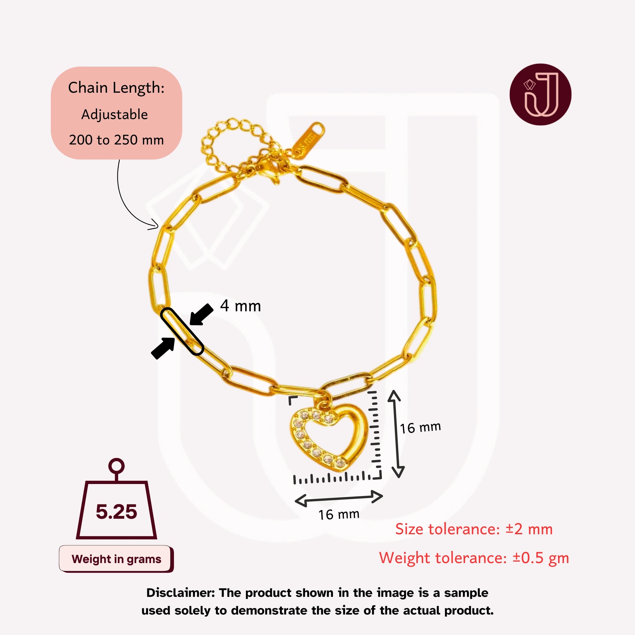 Bracelet with dimensions and weight details.