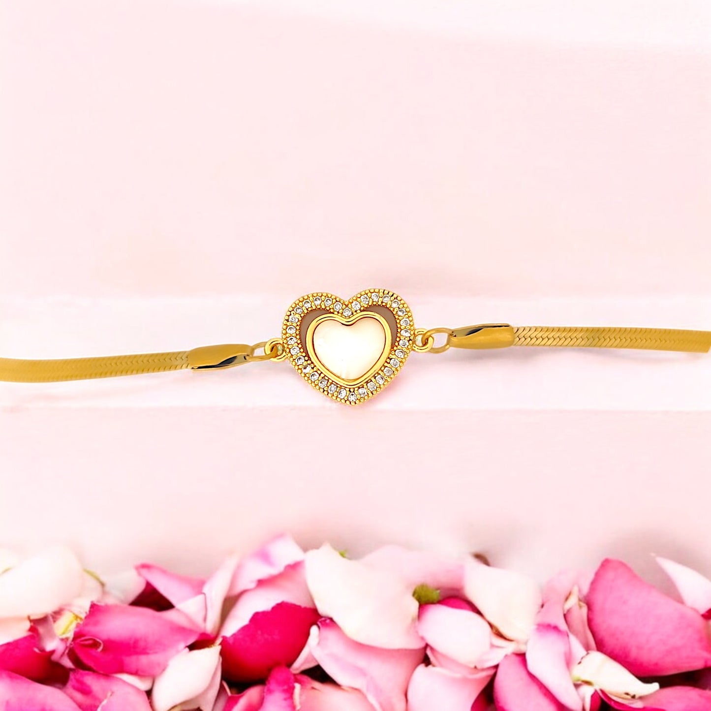 Gold Heart Loose Bracelet with Pearl Inlay