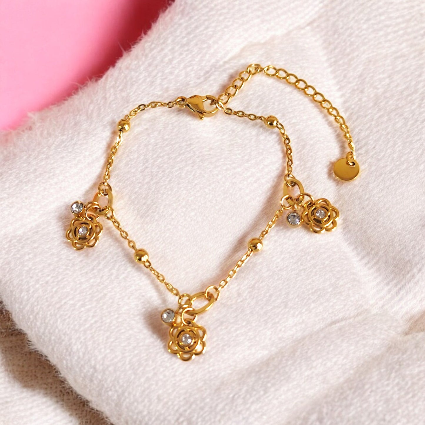 Gold Rose Charm Loose Bracelet with Crystals