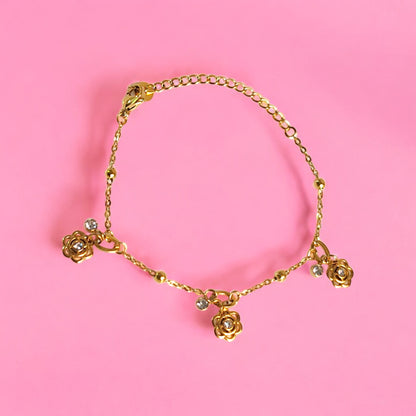 Gold Rose Charm Loose Bracelet with Crystals