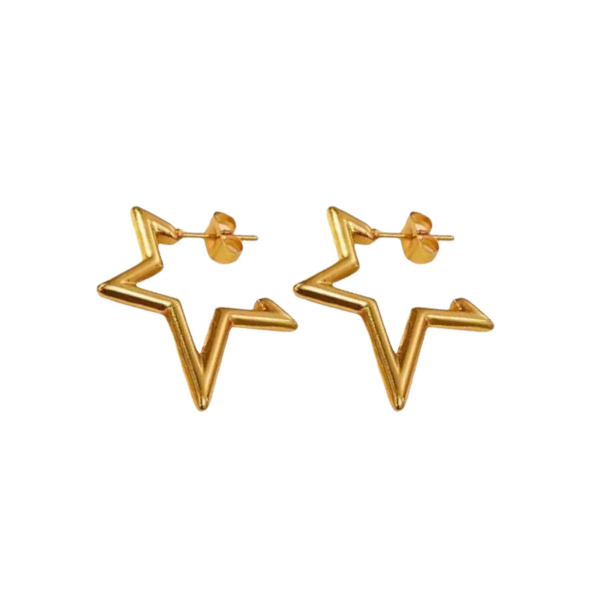 Gold Star Hoop Earrings displayed on a White Background.