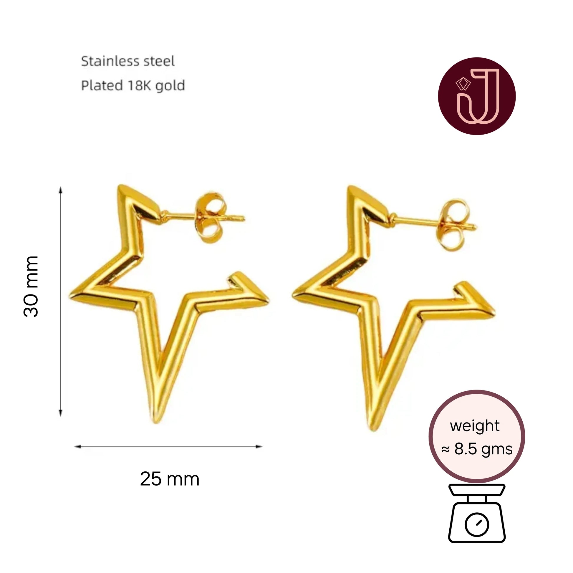 Gold Star Hoop Earrings with dimensions and weight details.