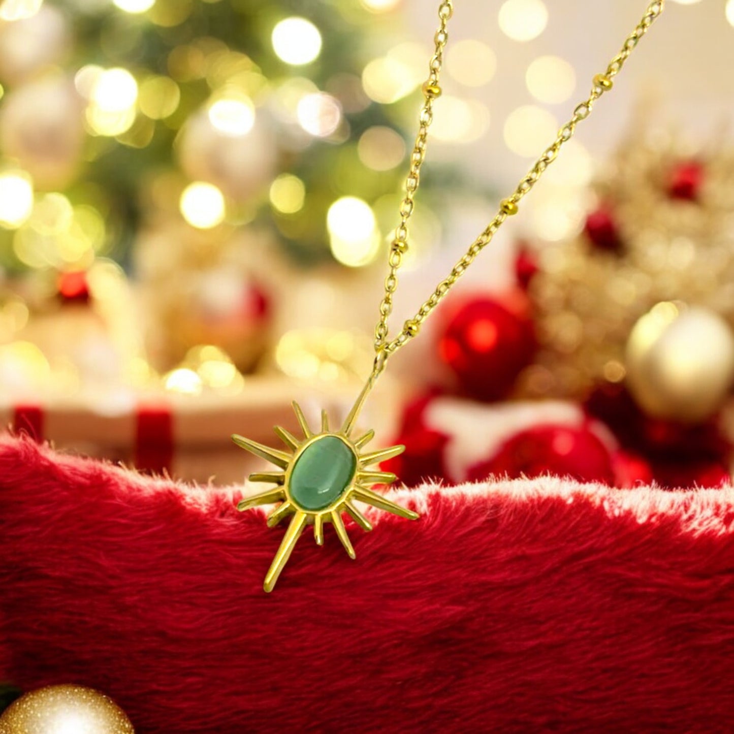 Gold Sunburst Necklace with Elegant Green Stone Pendant