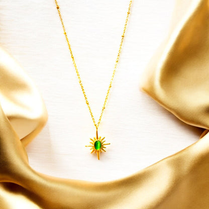 Gold Sunburst Necklace with Elegant Green Stone Pendant