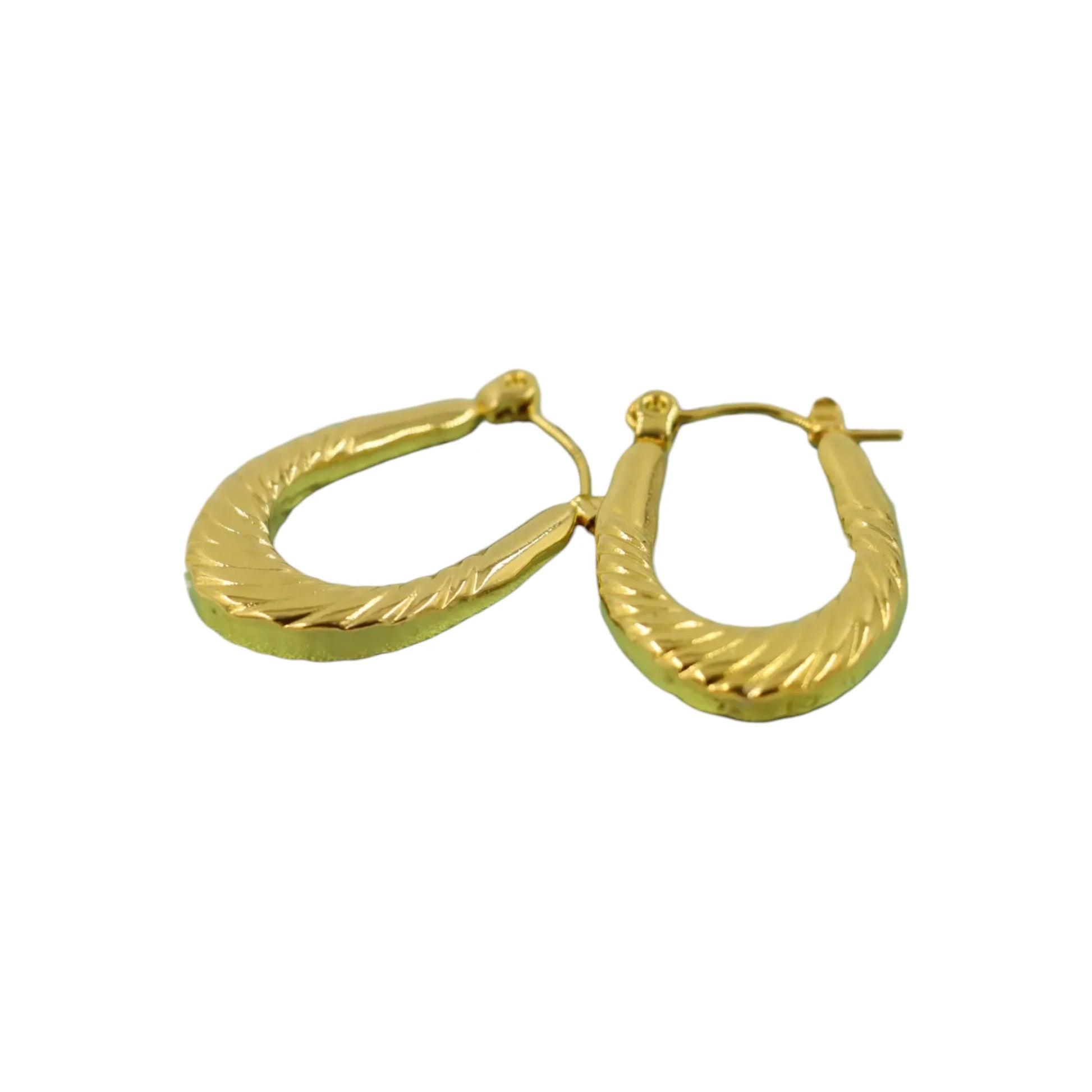 Gold Twisted U Hoop Earrings displayed on a White Background.