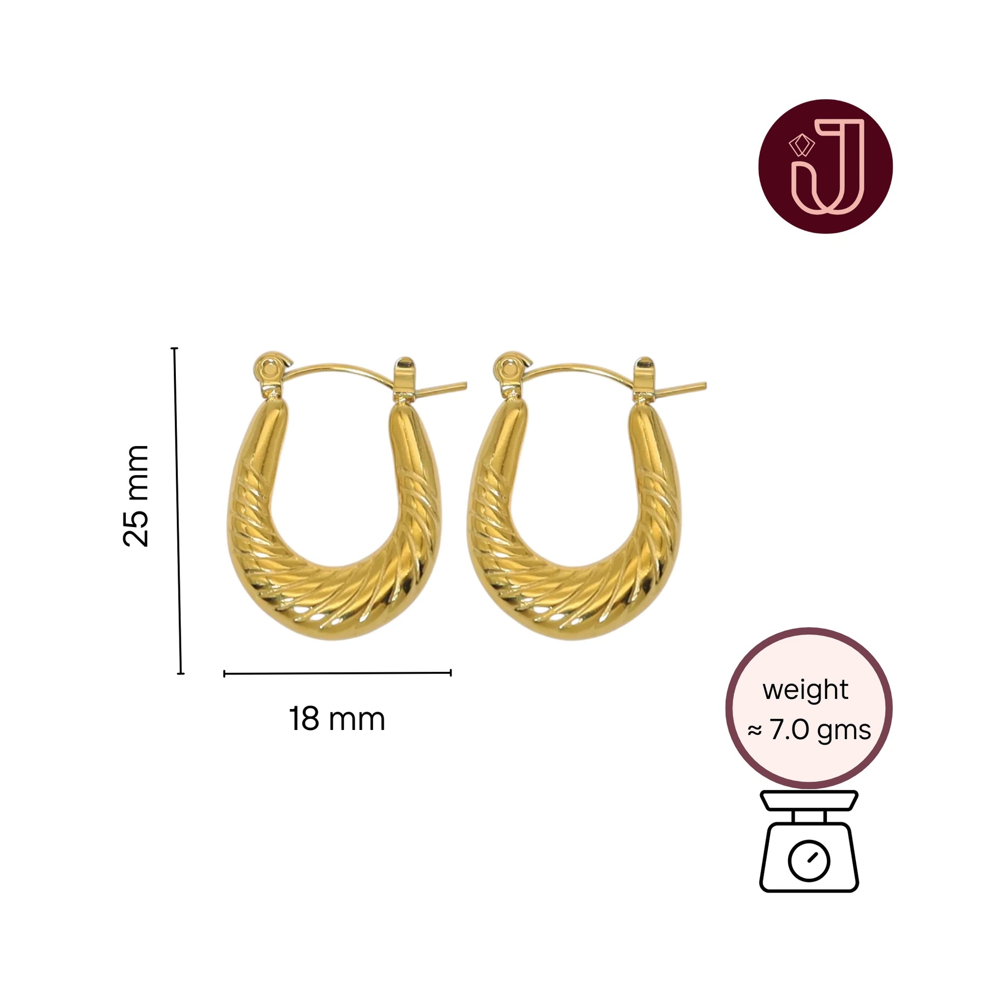 Gold Twisted U Hoop Earrings with dimensions and weight details.