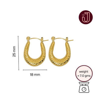 Gold Twisted U Hoop Earrings with dimensions and weight details.