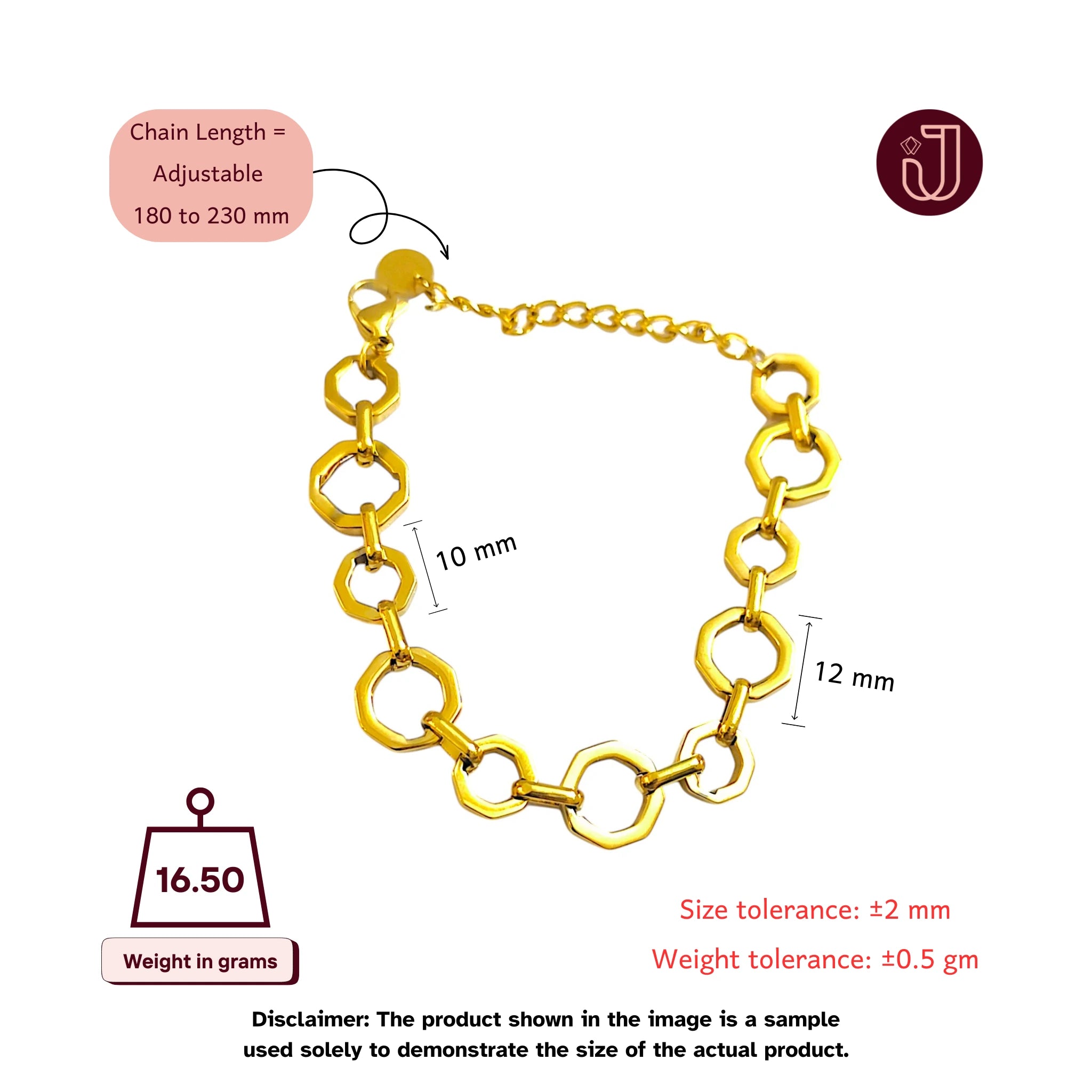 Bracelet with dimensions and weight details.