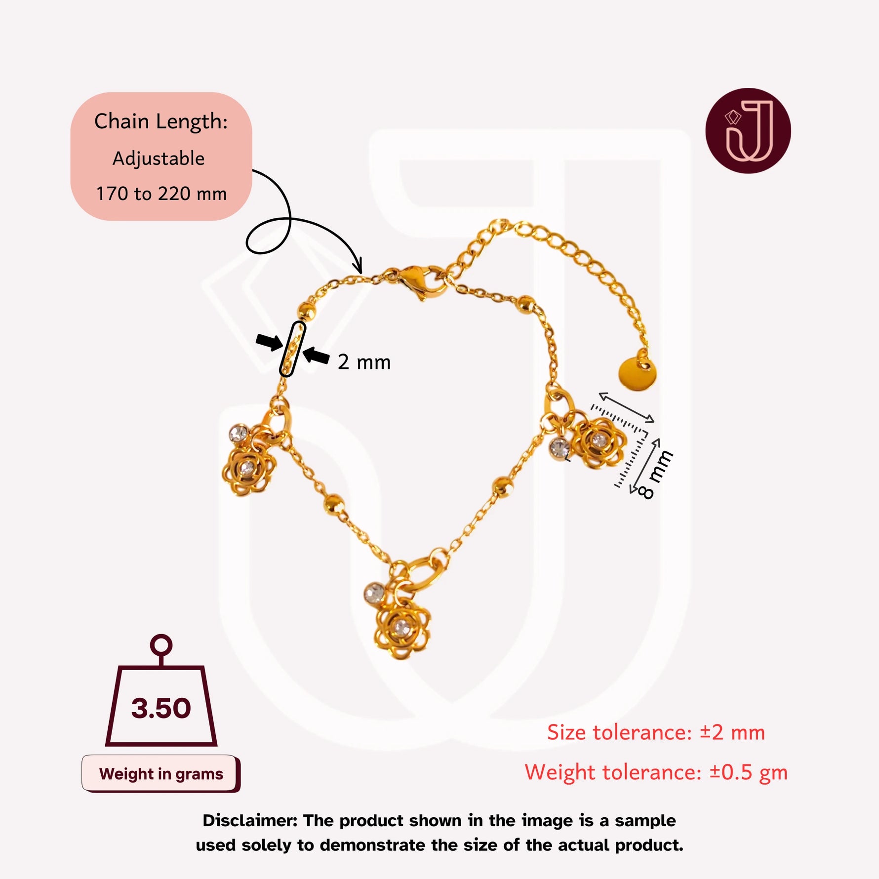 Bracelet with dimensions and weight details.