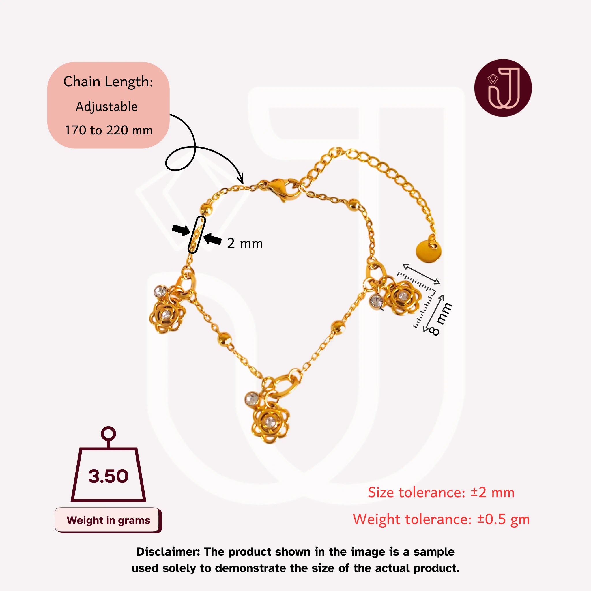 Bracelet with dimensions and weight details.