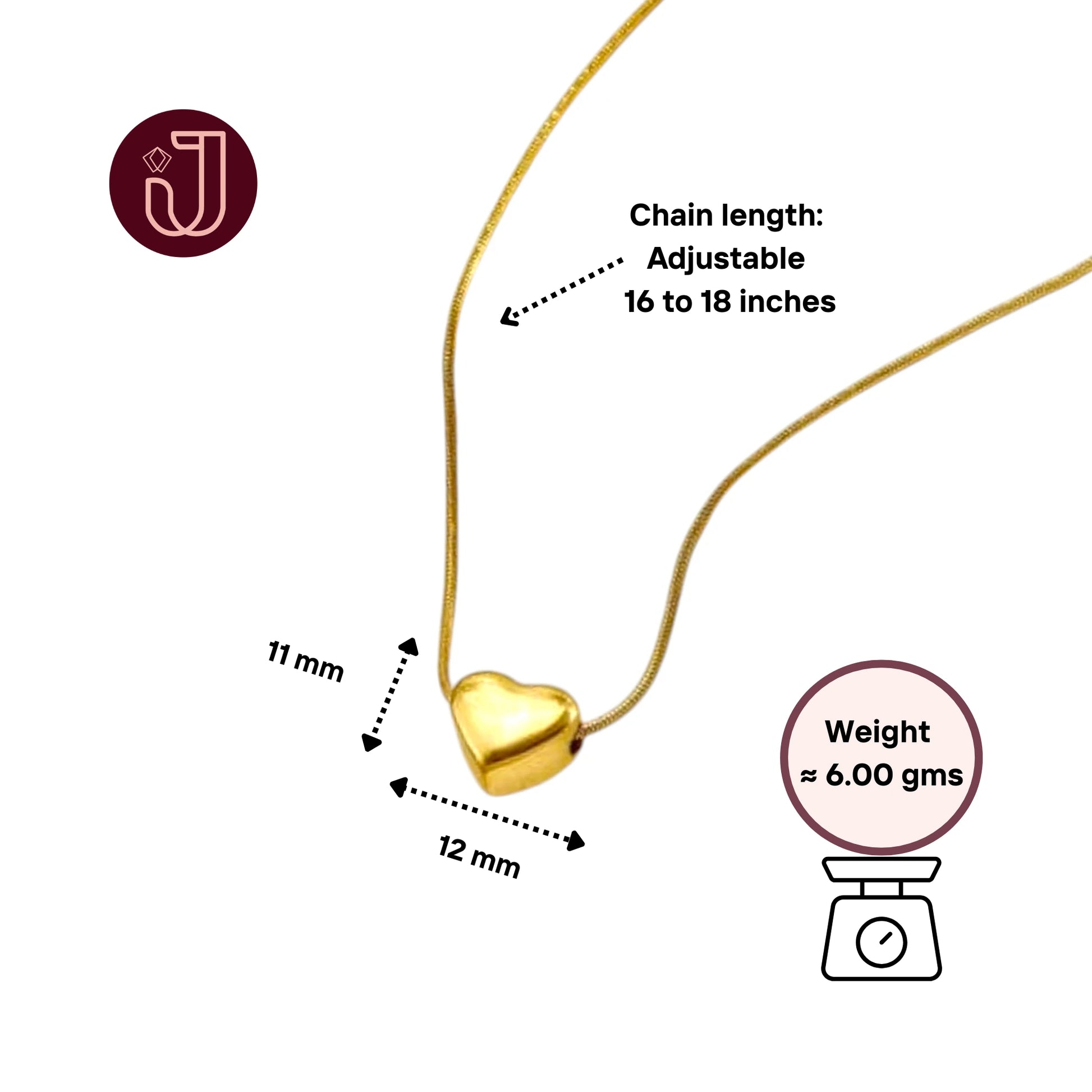 Necklace with dimensions and weight details.
