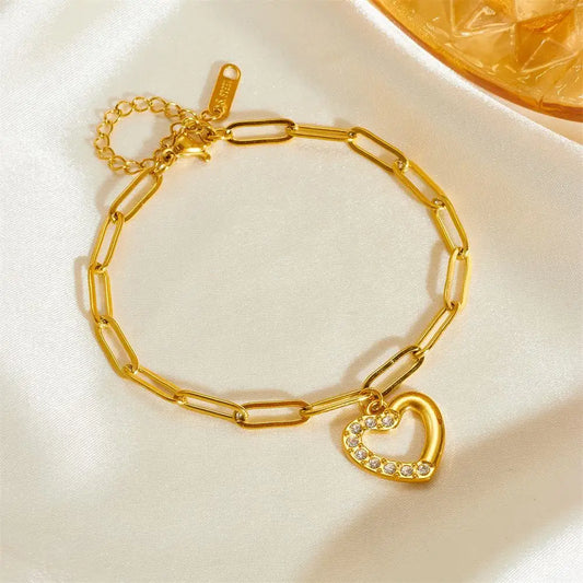 Gold Heart Charm Loose Bracelet with Crystal