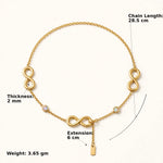 Gold infinity anklet circle with chain length 28.5cm, thickness, extension, weight labels.