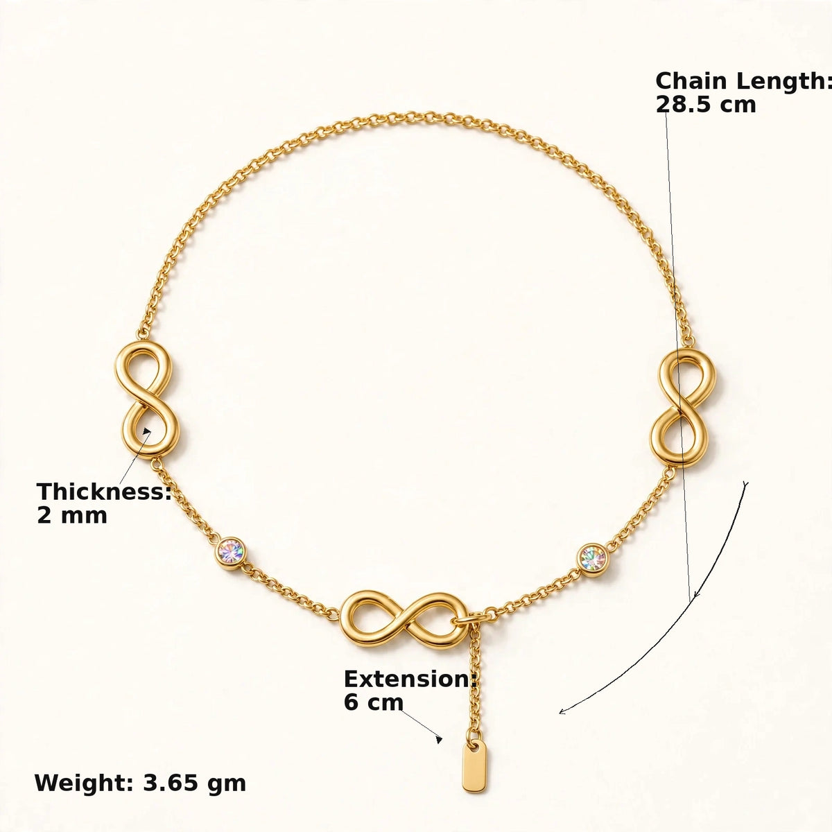 Gold infinity anklet circle with chain length 28.5cm, thickness, extension, weight labels.