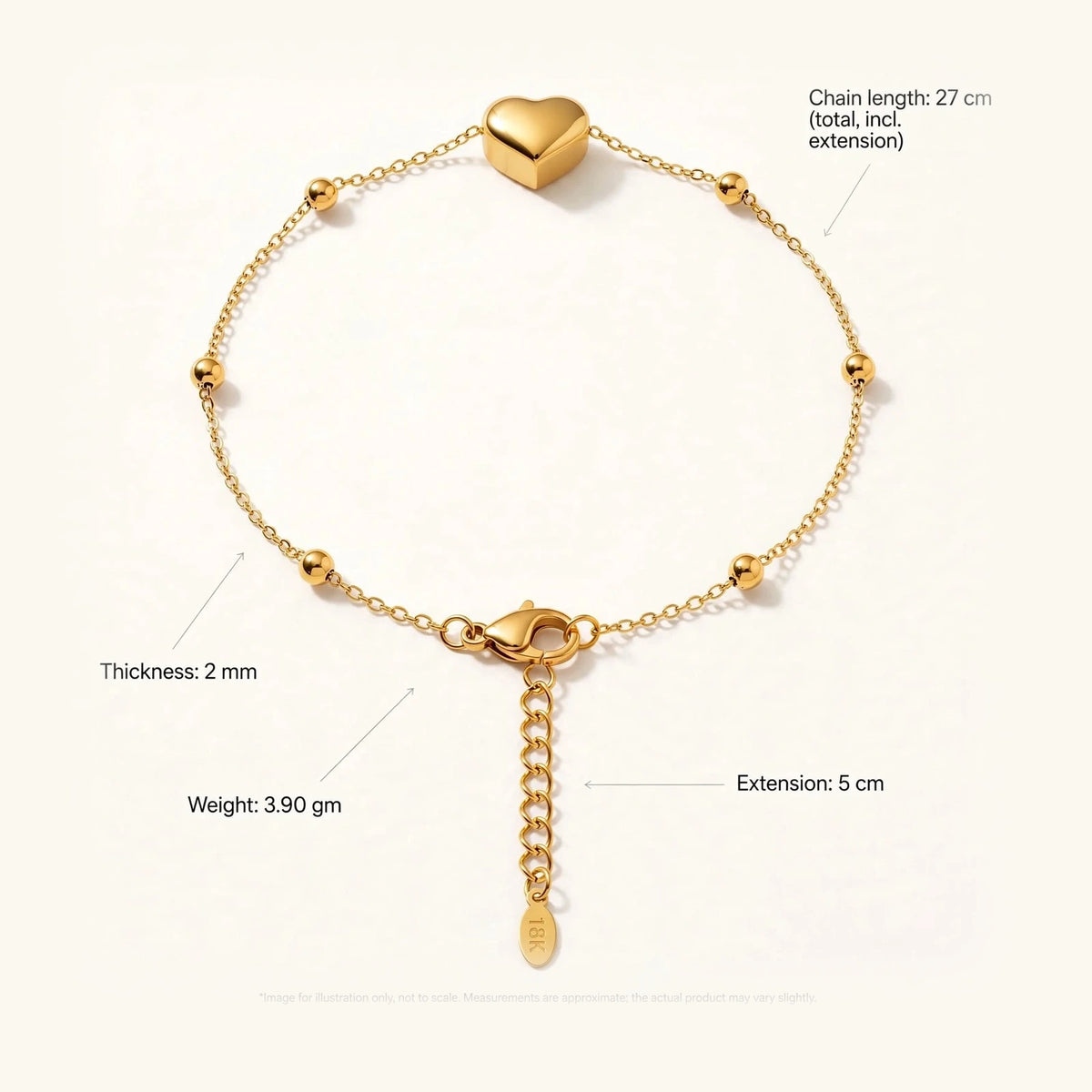 Dimensions guide of gold heart bracelet 6 beads 27cm total 5cm extension 2mm thick 3.90gm weight