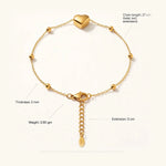 Dimensions guide of gold heart bracelet 6 beads 27cm total 5cm extension 2mm thick 3.90gm weight