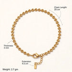 Gold heart chain bracelet infographic with length, thickness, extension and weight labels.