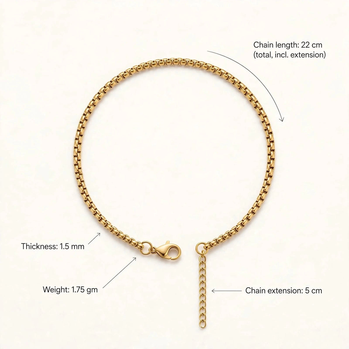 Gold box chain bracelet with size callouts on warm off-white background