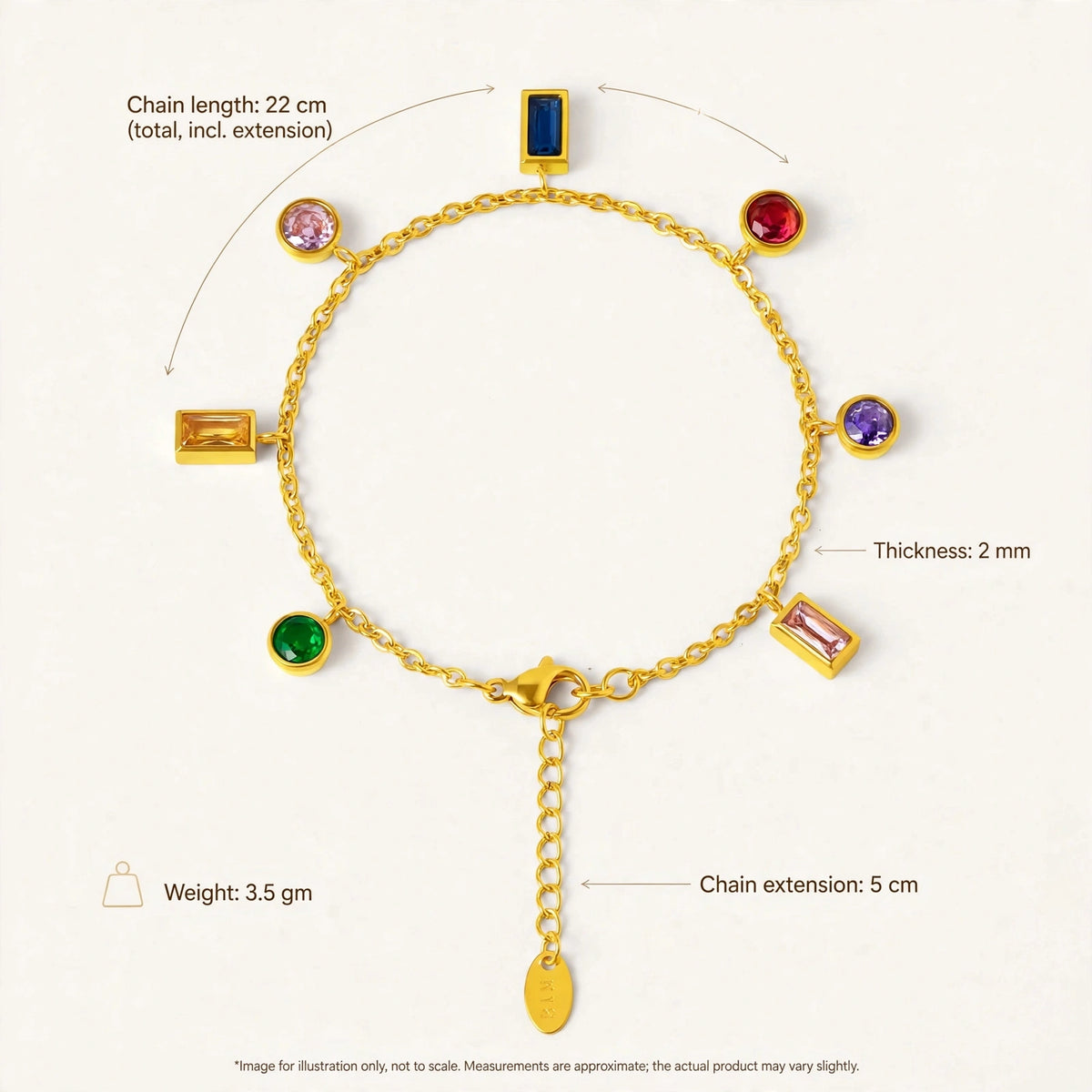 Gold charm bracelet dimensions guide showing length, extension, thickness and weight with footnote.