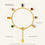 Gold charm bracelet dimensions guide showing length, extension, thickness and weight with footnote.
