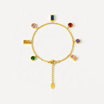 Gold cable chain bracelet with 7 multicolor cubic zirconia charms in circle, clasp at bottom.