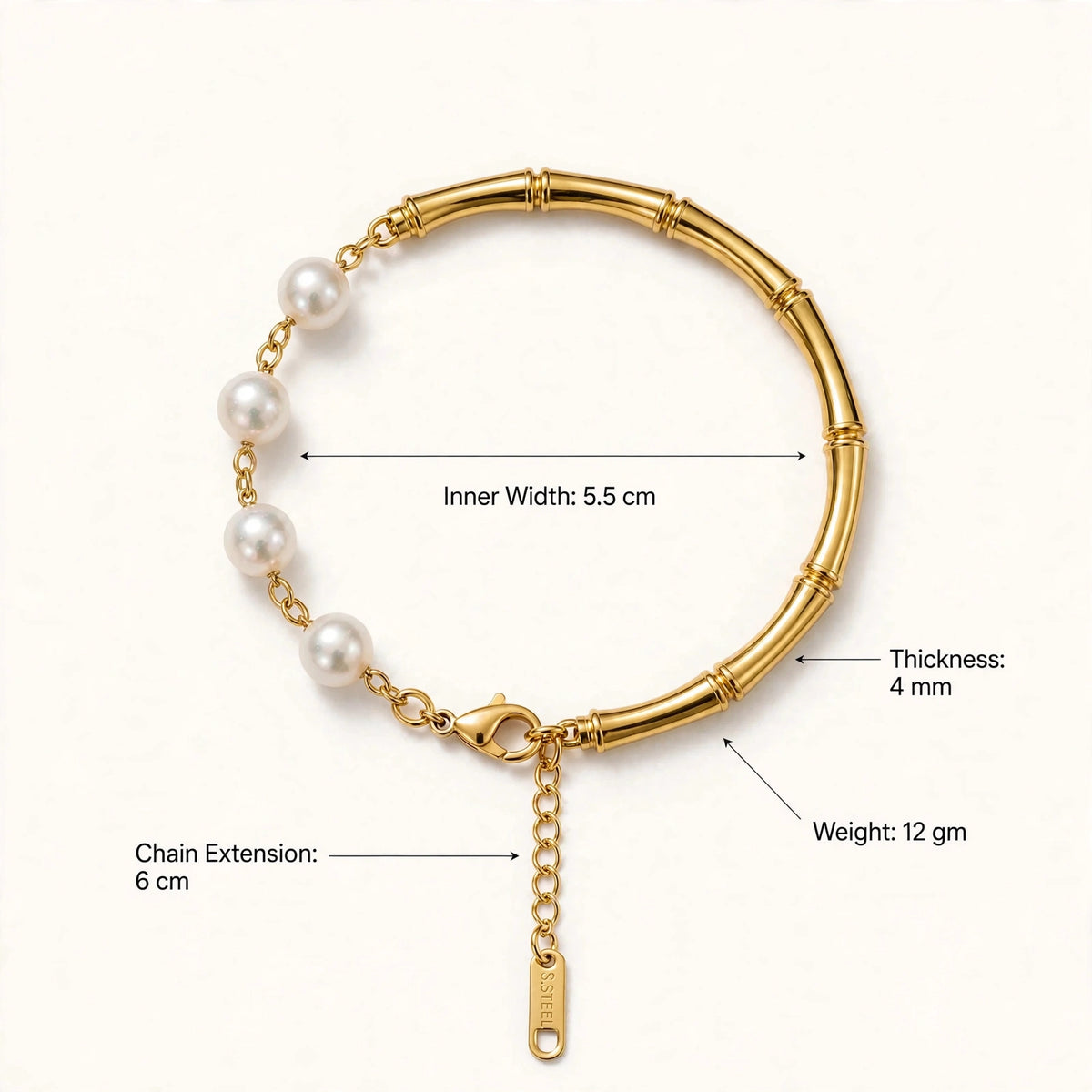 Bracelet with dimension callouts showing 6cm extension 4mm thickness 5.5cm width 12gm weight