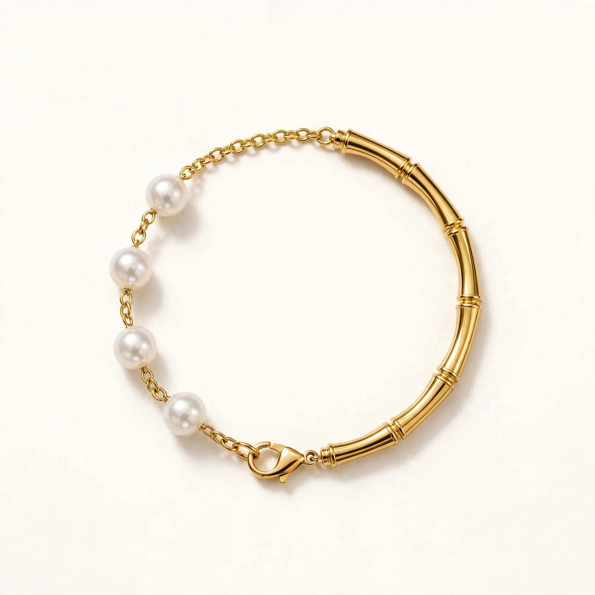 Gold bamboo pearl bracelet closed circle with pearl-side cable extension and gold S.STEEL plate meeting lobster clasp