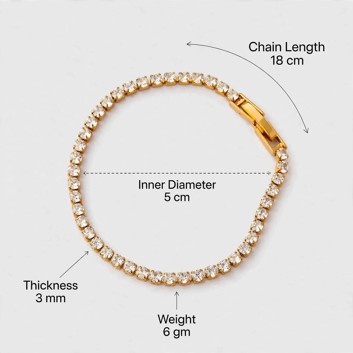 Gold tennis bracelet with callouts for length 18cm, inner diameter 5cm, thickness 3mm, weight 6gm