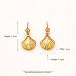 Gold shell earrings dimensions guide with height width weight callouts on off-white background.